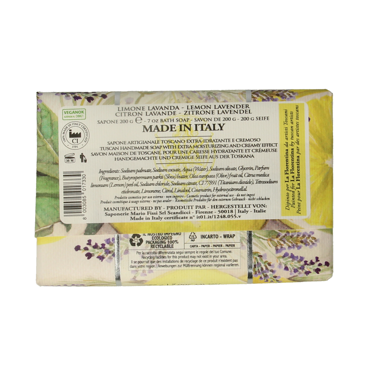 La Florentina citroen-lavendel soap bar, 200g, with textured surface and citrus-lavender scent, displayed on a wooden surface.