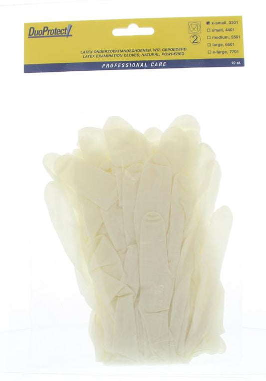 Pair of Duoprotect latex medical gloves XS, set of 10, protective handwear for healthcare and safety purposes.