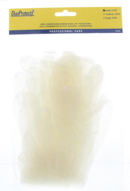 Vinyl powder-free Duoprotect medical gloves, size S, 10-pack, protective handwear for healthcare and safety use.
