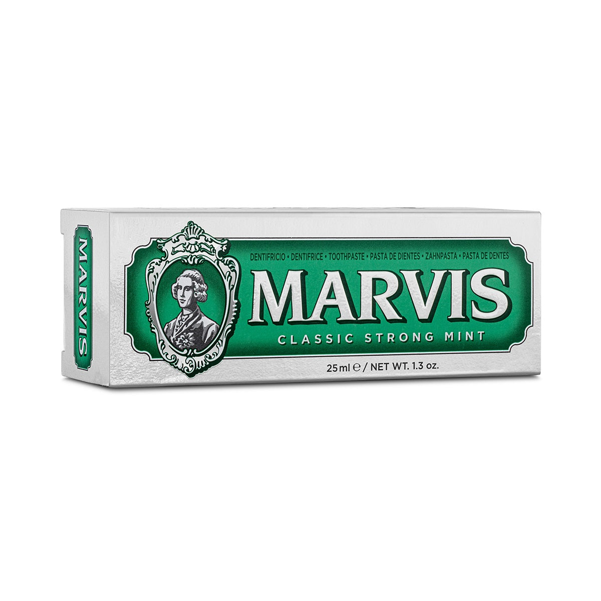 Marvis Classic Strong Mint toothpaste tube, 25ml, with a sleek packaging design and vibrant mint-colored branding.