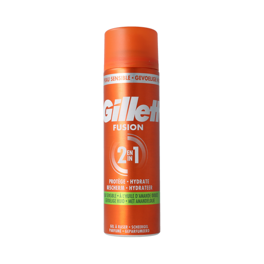 Gillette Fusion scheergel sensitive in a 200ml tube, designed for gentle shaving and skin comfort.
