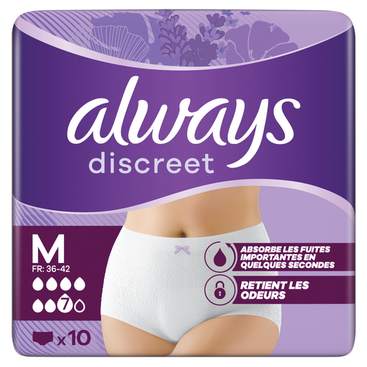Always Discreet broekjes in maat M, 10 in a pack, designed for incontinence, featuring soft, discreet fabric and secure fit.