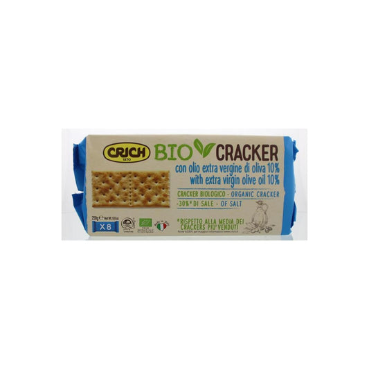 Crich Crackers olijfolie blauw bio 250g, Dutch organic crackers made with olive oil, shown on a plate with fresh ingredients.