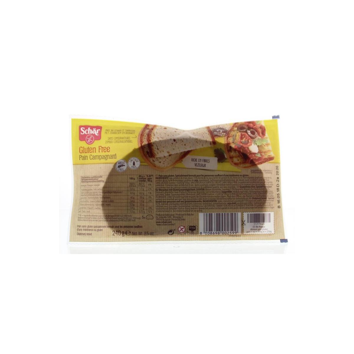 Schar Pain campagnard gluten-free bread in 240g package, showcasing rustic crust and sliced texture.