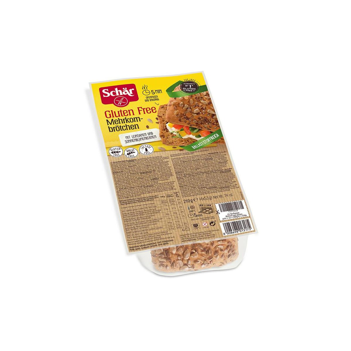 Gluten-free Schar Meergranenbroodjes bread with mixed grains, 210 grams, shown sliced and ready to serve.
