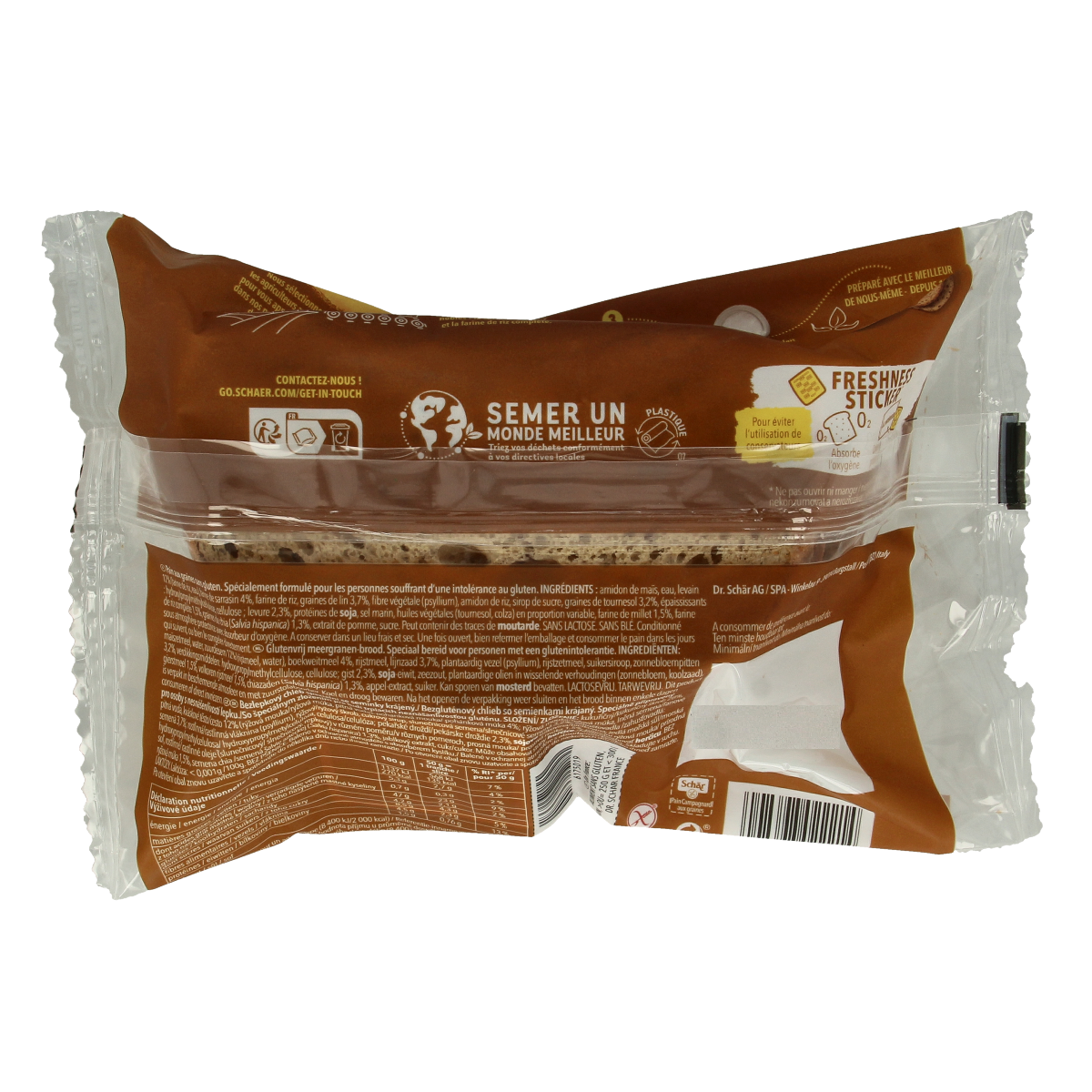 Schar gluten-free Pain Campagnard meergranenbrood sliced loaf with multigrain texture, 250 grams, in a close-up view.
