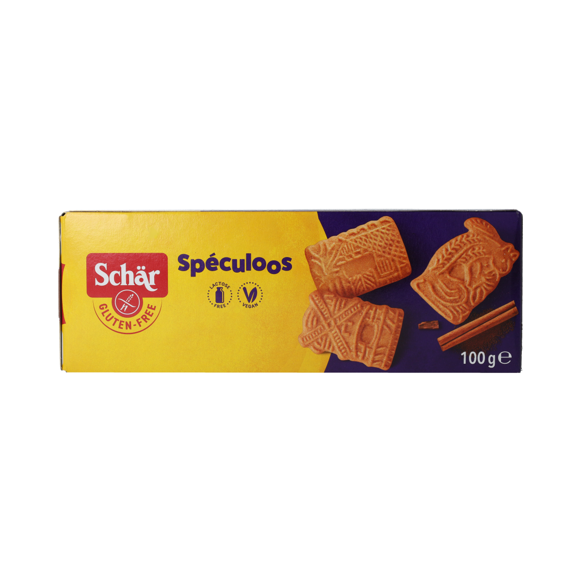 Gluten-free Schar Speculoos cookies in a 100g package, crispy traditional Dutch spiced biscuits with cinnamon and sugar.