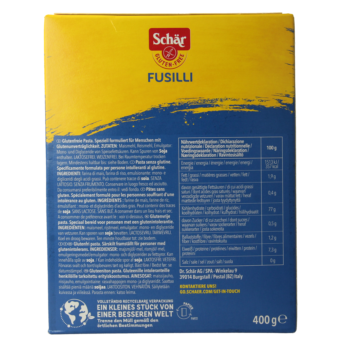 Schar Pasta fusilli glutenvrij 400.00 Gram