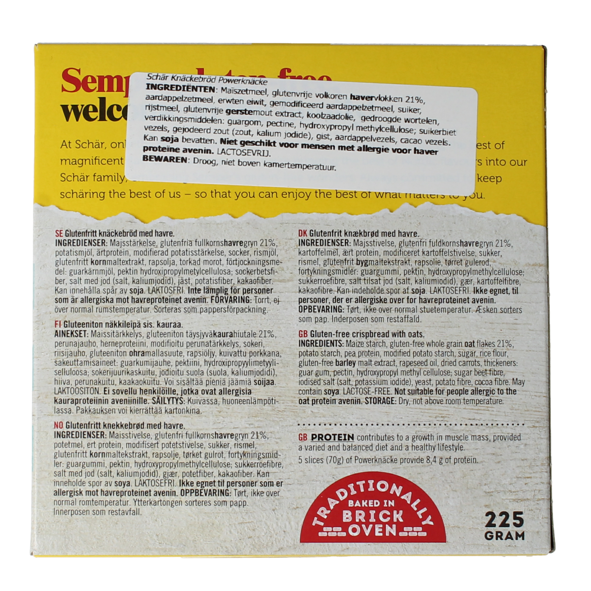Schar Powerknacke gluten-free bread and crackers, 225 grams, with crispy texture and golden brown appearance.