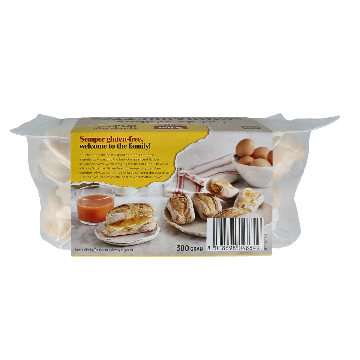 Schar mini gluten-free baguettes in a 300g package, shown as fresh, golden baguettes perfect for sandwiches or snacks.