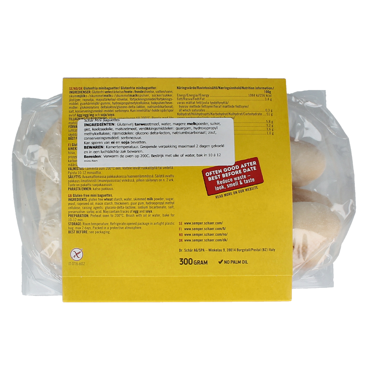 Schar mini gluten-free baguettes in a 300g package, showing fresh, crispy gluten-free breadsticks on a white background.