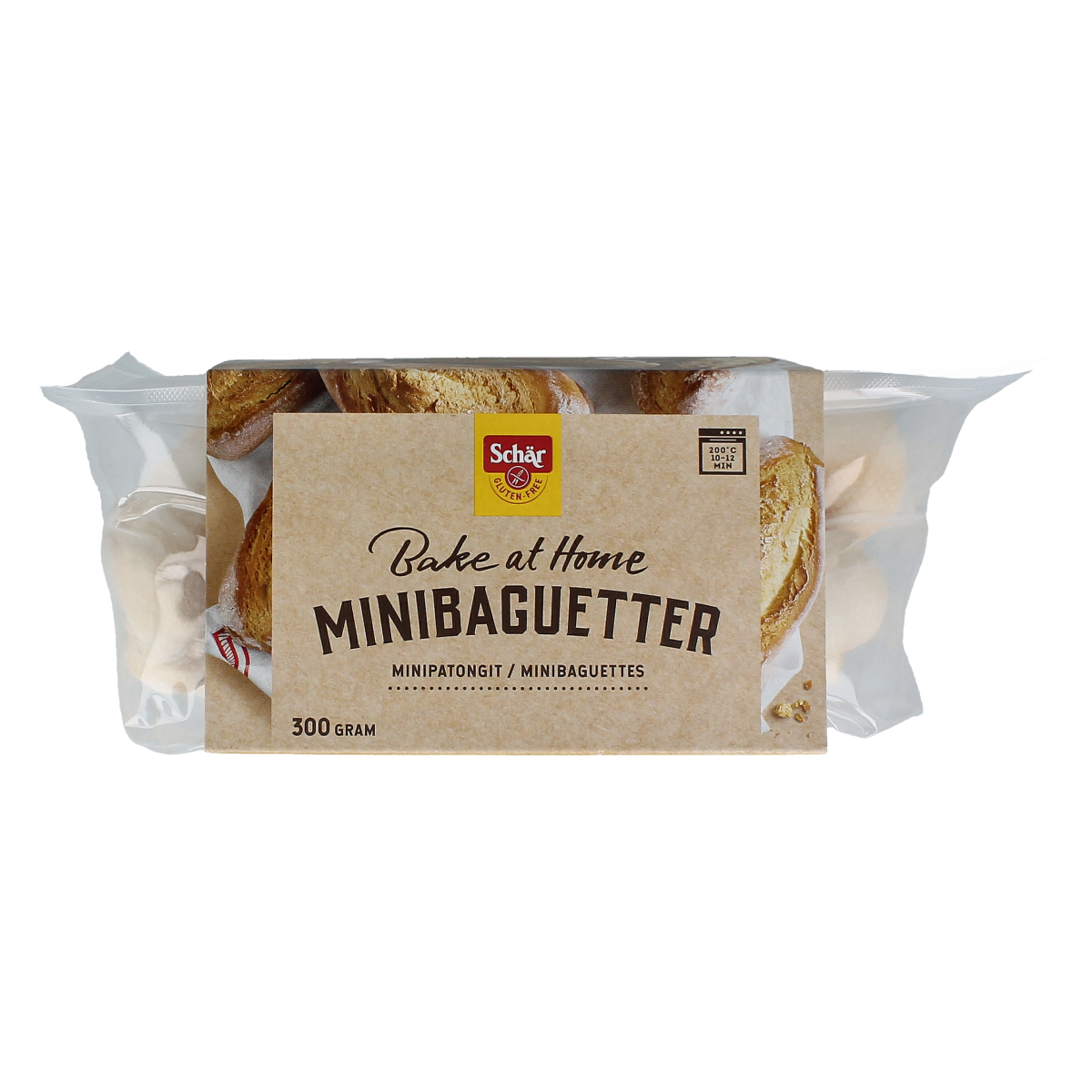 Mini gluten-free Schar baguettes in a 300g package, showcasing fresh, crusty bread ideal for sandwiches and snacks.