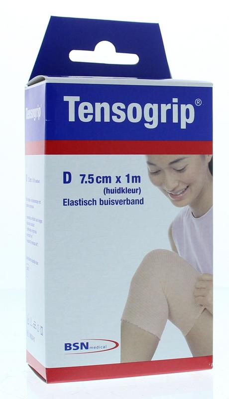 Tensogrip elastic tubular bandage in skin color, 1 meter by 7.5 cm, shown on a white background.