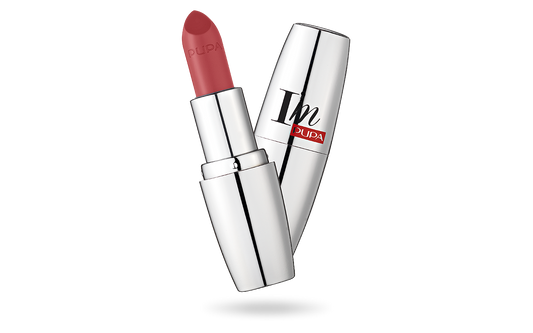 Pupa I'm Pupa lipstick 408 in sleek black tube, showing the vibrant lipstick bullet and brand logo for make-up product.
