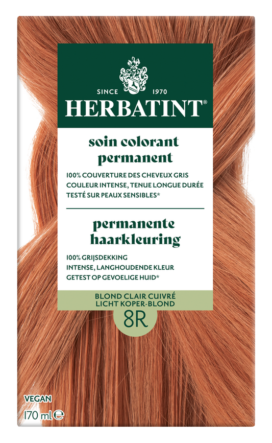Herbatint 8R Licht koper blond hair coloring tube, 170ml, showing the copper blonde hair dye product.