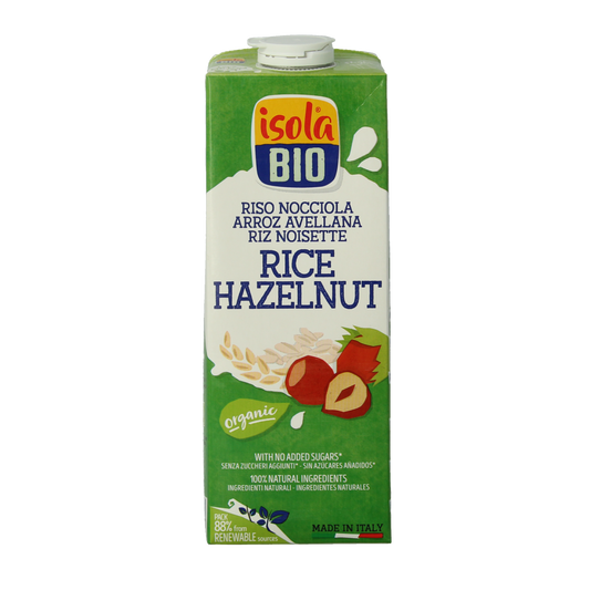 Organic hazelnut rice drink by Isola Bio in a 1-liter carton, showcasing the packaging and product label.