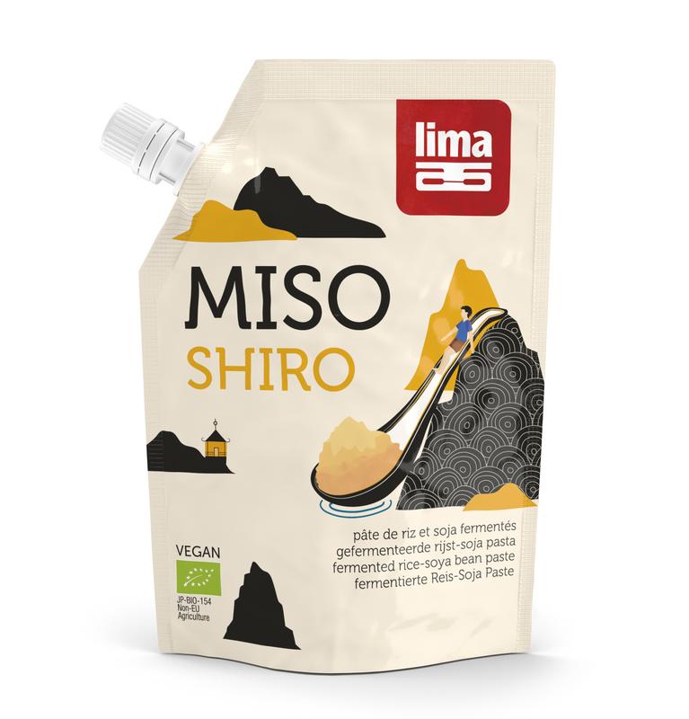 Lima Shiro Miso bio 300g jar, organic Japanese fermented soybean paste, with white miso paste visible in the jar.