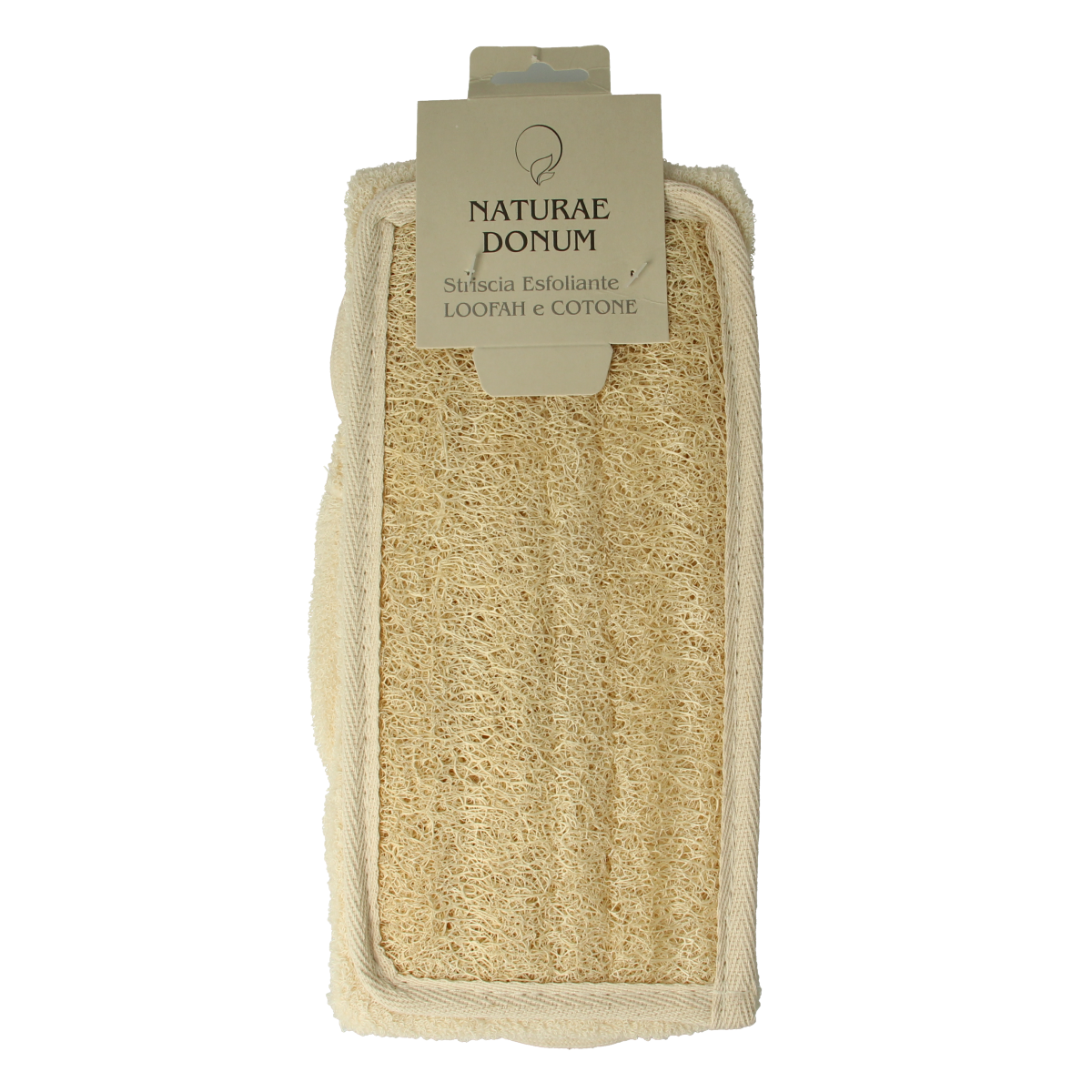 Naturae Donum scrub band made of cotton and loofah for bath and shower, single piece, natural exfoliating skin care accessory.