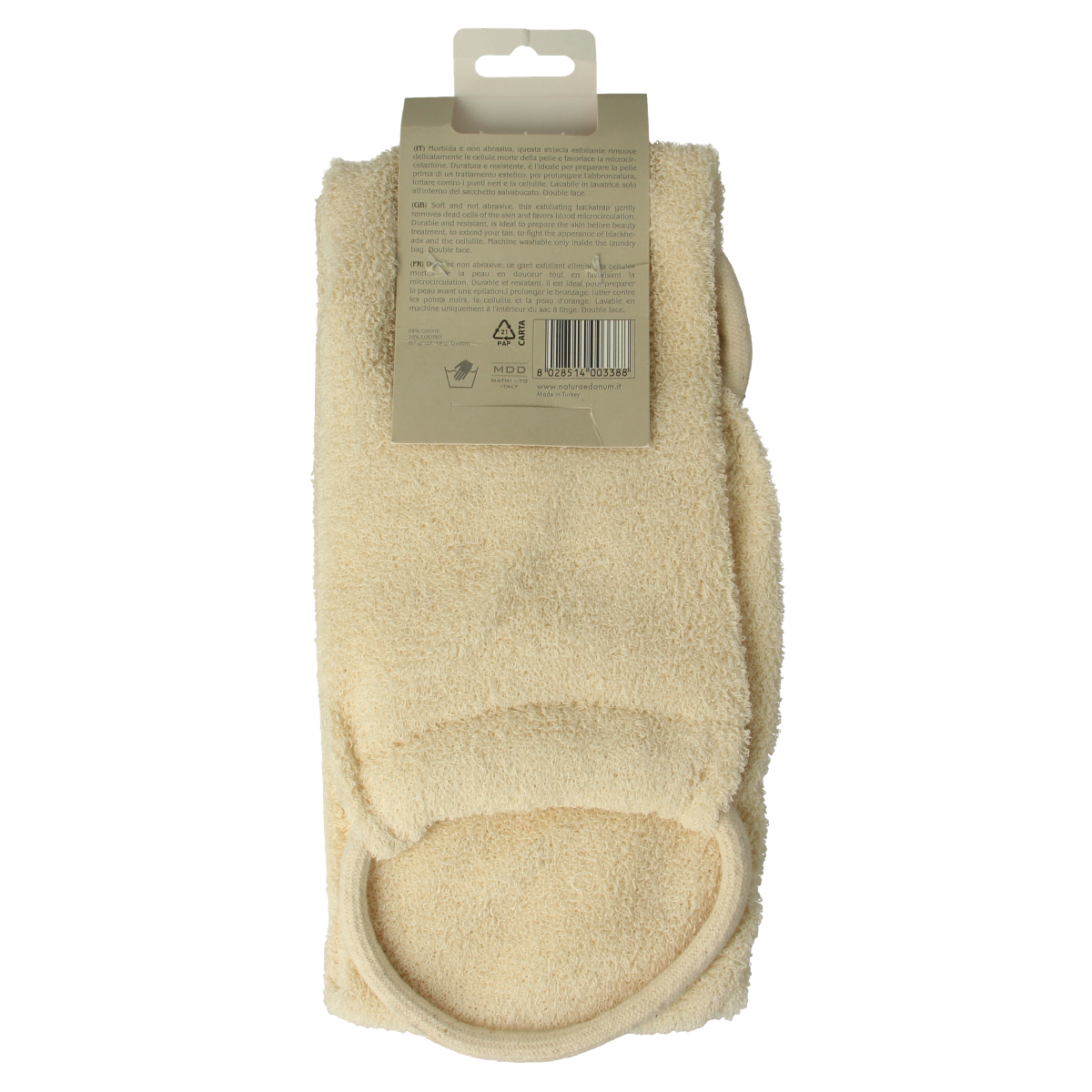 Natural exfoliating scrub band from Naturae Donum, made of cotton and loofah, designed for bath and shower use.