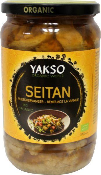 Yakso Seitan in tamarisaus bio, 700ml, a plant-based meat substitute in a glass jar with tamarind sauce.