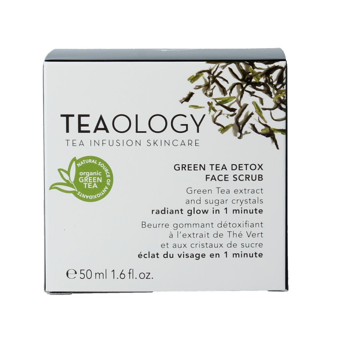 Teaology Green Tea Detox Face Scrub in 50ml jar, natural facial skincare with green tea for detox and exfoliation.