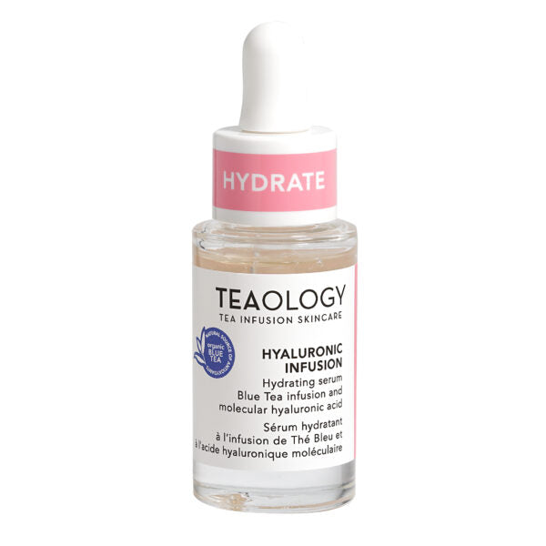 Teaology Hyaluronic Infusion facial serum in a 15ml bottle, showing the clear liquid and skincare packaging.