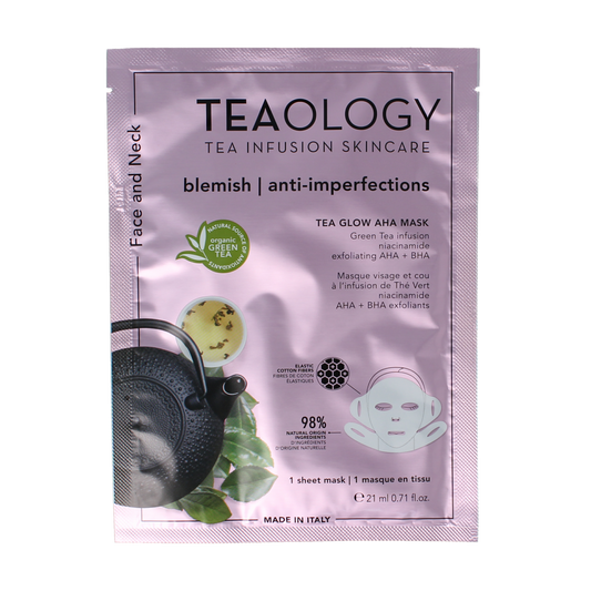 Teaology Tea Glow AHA Mask for purifying facial skincare, displayed in a sleek jar with a smooth, glowing surface.