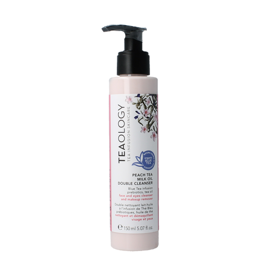 Teaology Peach Tea Milk Double Cleanser bottle, 150ml, for facial skincare with peach tea extract and gentle cleansing formula.