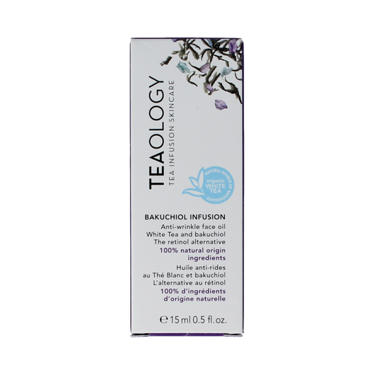 Teaology Bakuchiol facial serum in a 15ml bottle, skincare product for natural facial care, with a clear view of the packaging.