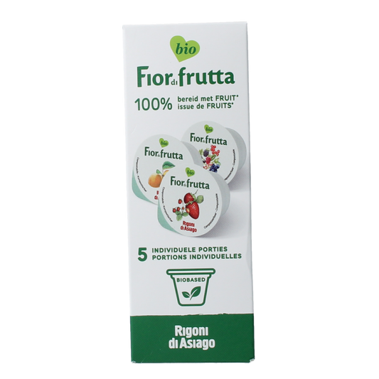 Fiordifrutta bio fruit spread mix cups, 5x20g, natural broodbeleg with fresh fruit flavor in individual packaging.