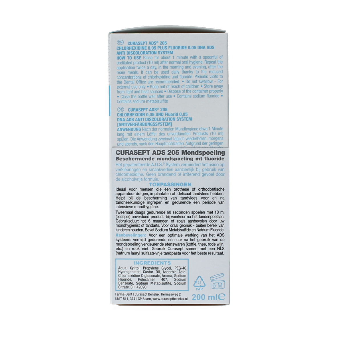 Curasept ADS DNA 205 CHX 0.05% mouthwash in a 200ml bottle, antiseptic oral rinse for dental health.
