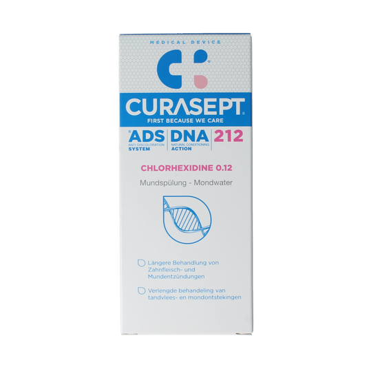 Curasept chlorhexidine 0.12% mouth rinse in 200ml bottle, antiseptic oral mouthwash for oral hygiene.