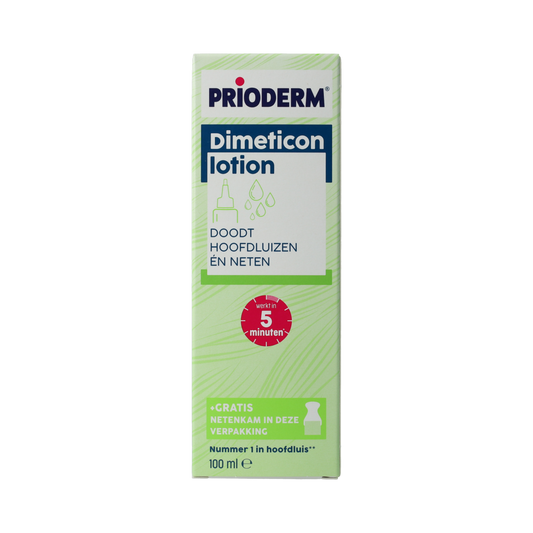 Prioderm Dimeticon lotion 100ml bottle for hair care, featuring clear liquid in a white and green labeled container.
