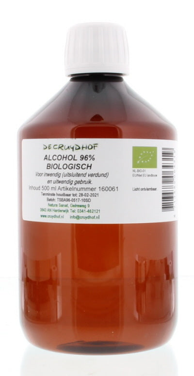 Cruydhof Alcohol 96% disinfectant bottle, 500ml, for internal and external use, in clear container with label.