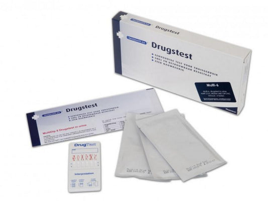 Testjezelf.nu Multidrugtest 6 urine self-test kits, showing packaging and testing strips for drug detection.