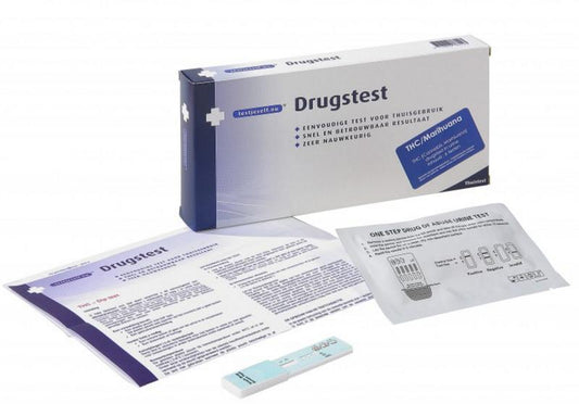 Testjezelf.nu THC drugtest kits for cannabis, 6-pack of self-testing strips with visible test strips and packaging.