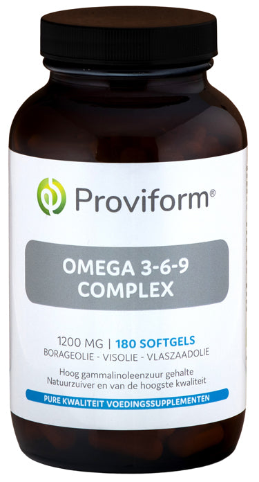 Proviform Omega 3-6-9 complex softgels in a bottle, showing 180 capsules for supporting heart and joint health.