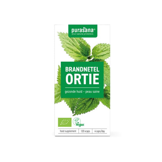 Purasana Brandnetel vegan bio herbal supplement in a bottle with 120 vegetarian capsules, showcasing the product packaging.