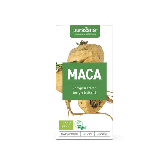 Purasana Maca vegan bio herbal capsules, vegetarian supplement, shown in a bottle with label and capsules.