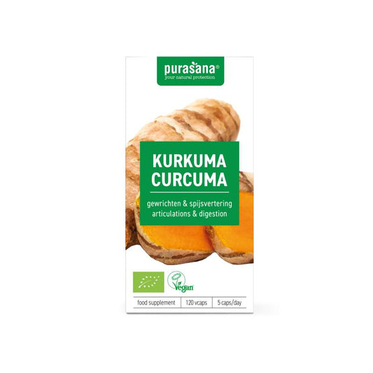 Purasana vegan bio turmeric capsules in a bottle, vegetarian herbal supplement packaging with turmeric root images.