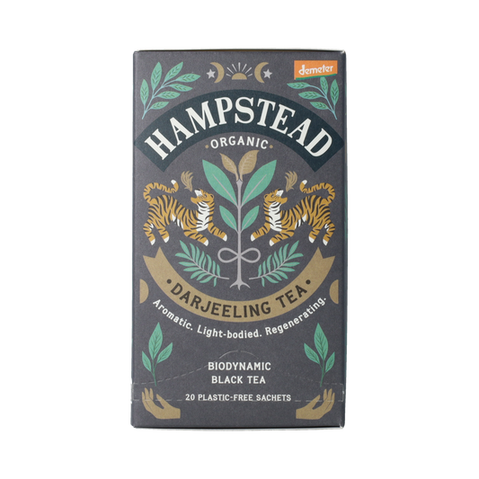 Hampstead Darjeeling bio Demeter tea in 20 tea bags, showcasing the packaging of this organic, aromatic black tea.