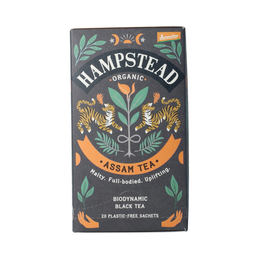 Hampstead Assam bio Demeter tea in 20 tea bags, natural and organic, displayed in a clear package.