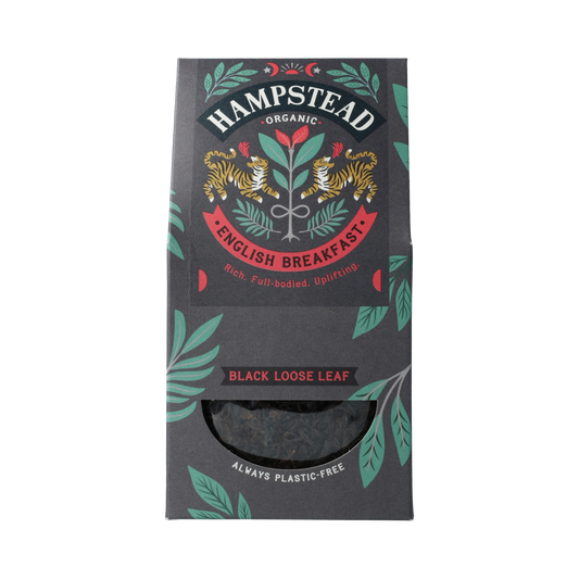 Hampstead English Breakfast loose bio tea in 100g package, showing the tea leaves in a clear container.
