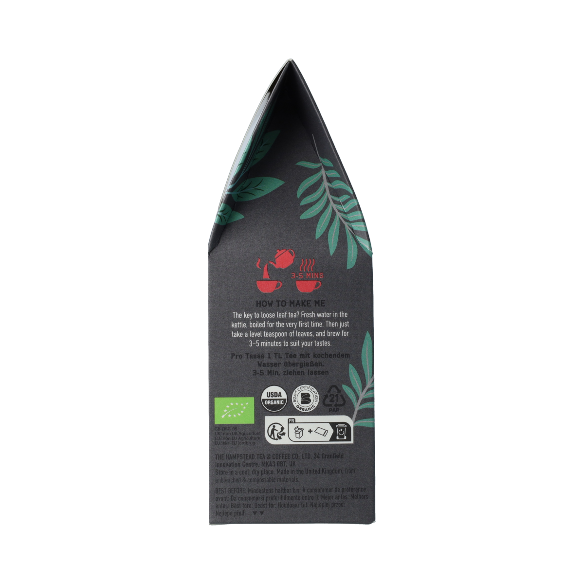 Hampstead Thee English Breakfast loose bio tea in a 100g package, showcasing fresh tea leaves and packaging details.