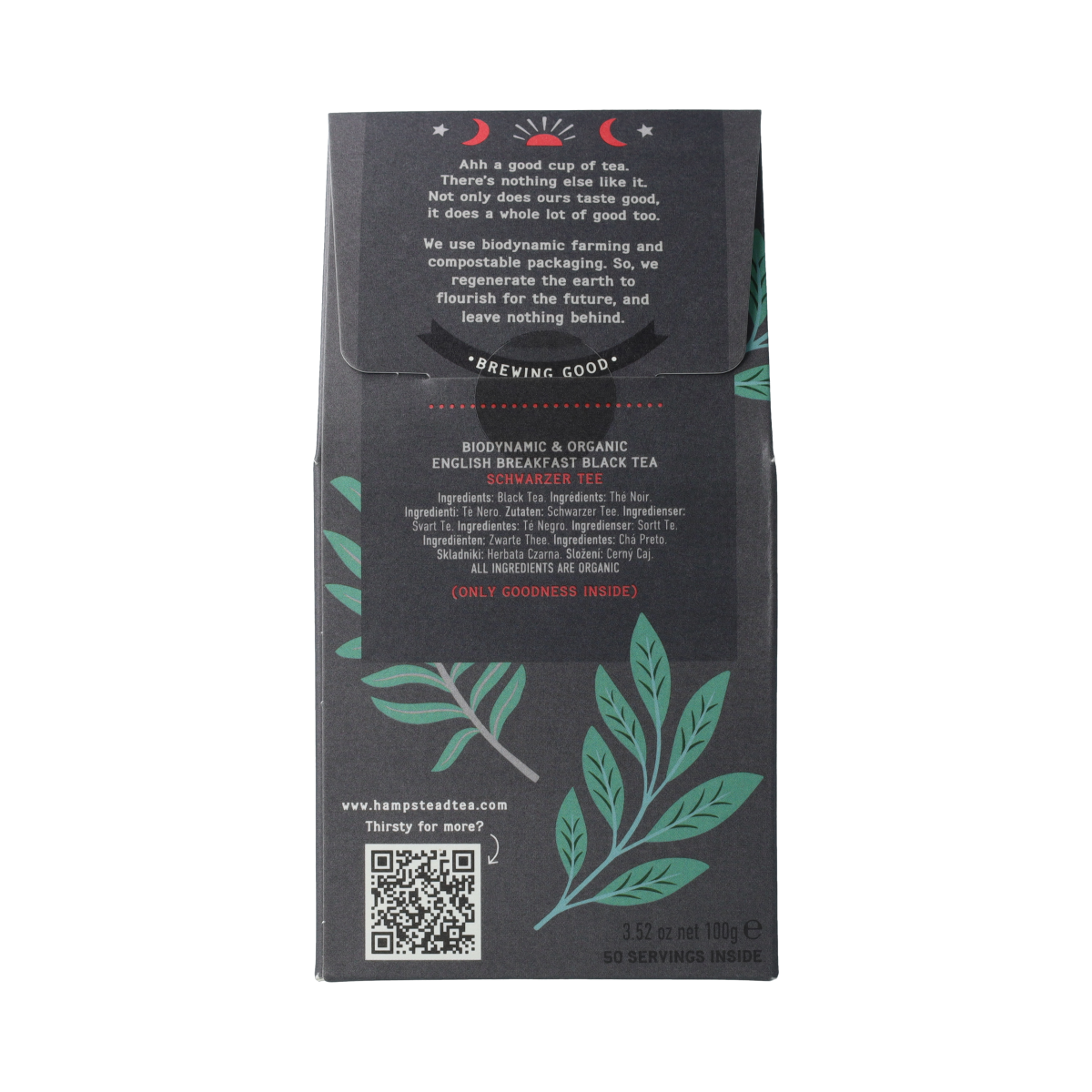 Hampstead Thee English Breakfast loose bio tea in a 100g package, showcasing the tea leaves and packaging design.