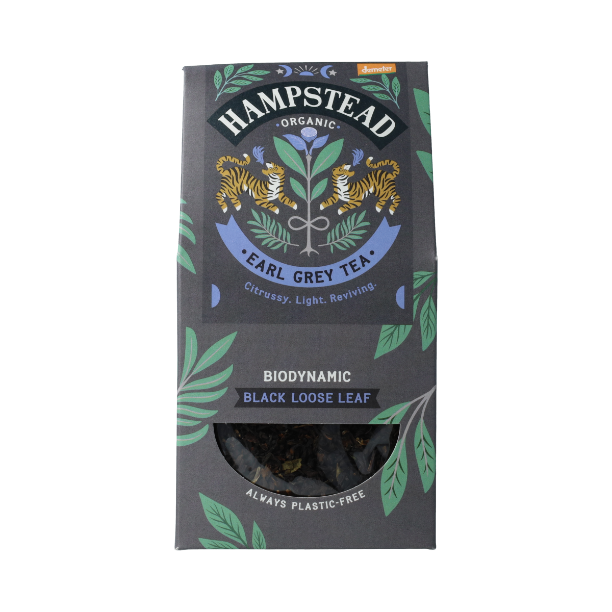 Hampstead Earl Grey loose bio tea in 100g package, premium organic black tea with bergamot flavor, for brewing or steeping.