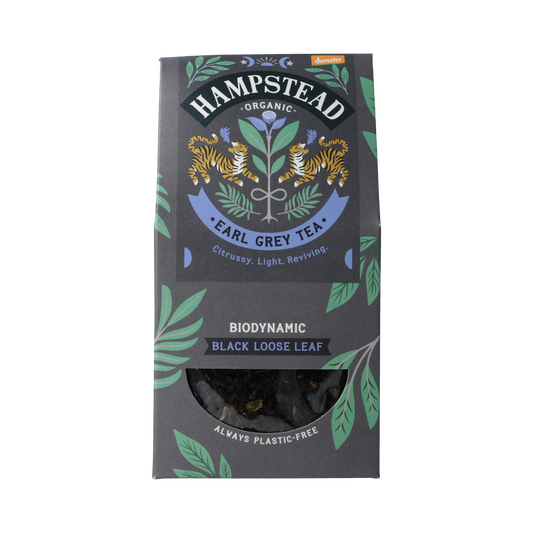 Hampstead Earl Grey loose bio tea in 100g package, premium organic black tea with bergamot flavor, for brewing or steeping.