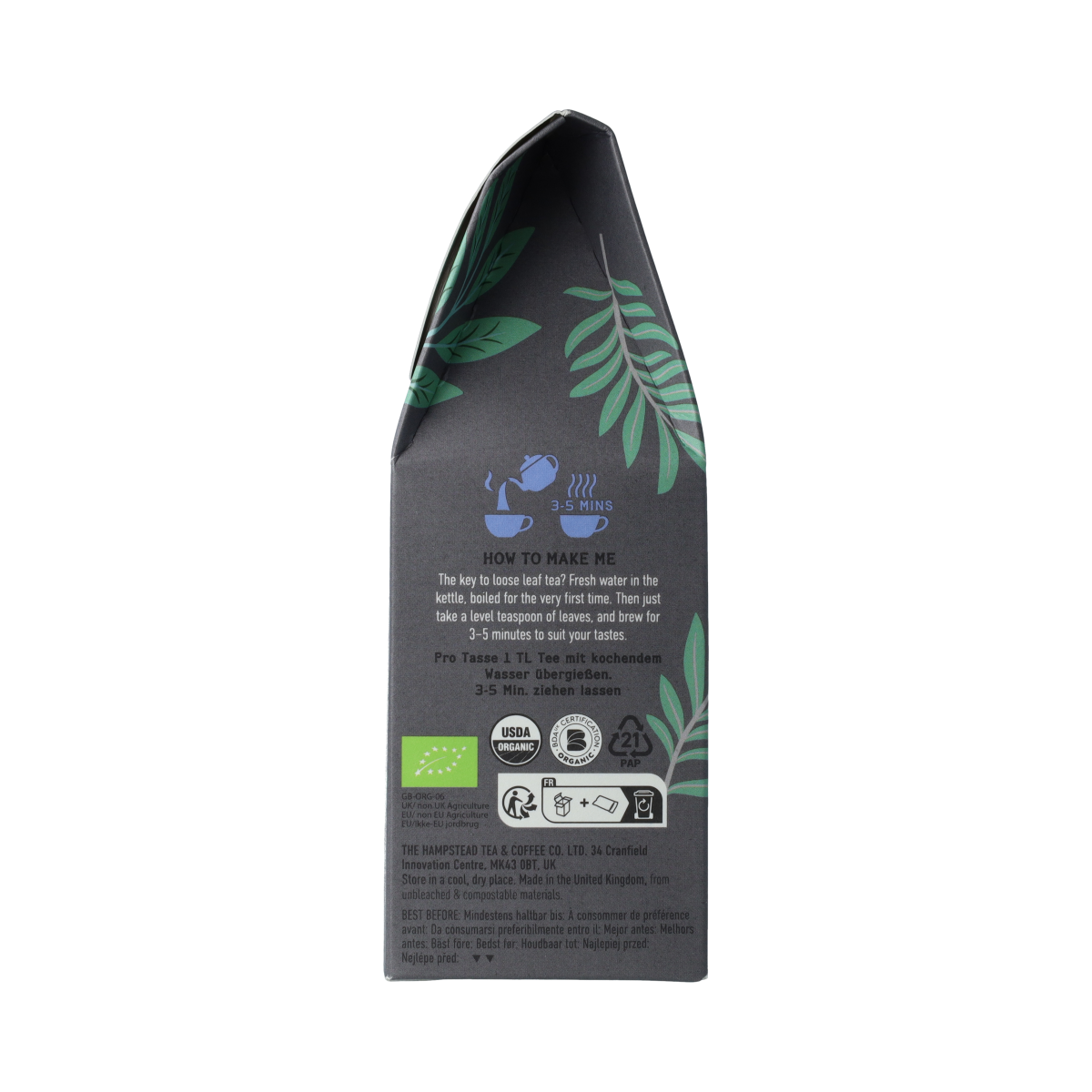 Hampstead Earl Grey loose bio tea in 100g package, showing tea leaves and packaging with brand label.
