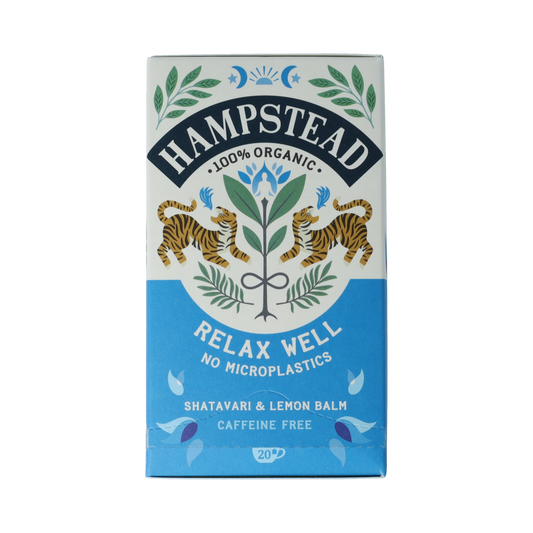 Hampstead Thee Relax Well Bio tea boxes with 20 tea bags, featuring herbal and calming ingredients, in a natural packaging.