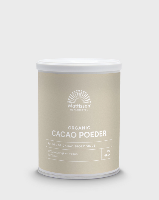 Organic Mattisson Cacao Powder in a 100g package, raw superfood rich in antioxidants and natural cacao flavor.